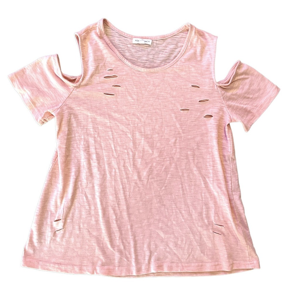 Honey Punch Cold Shoulder Ripped Front Tee Women's Small Short Sleeve